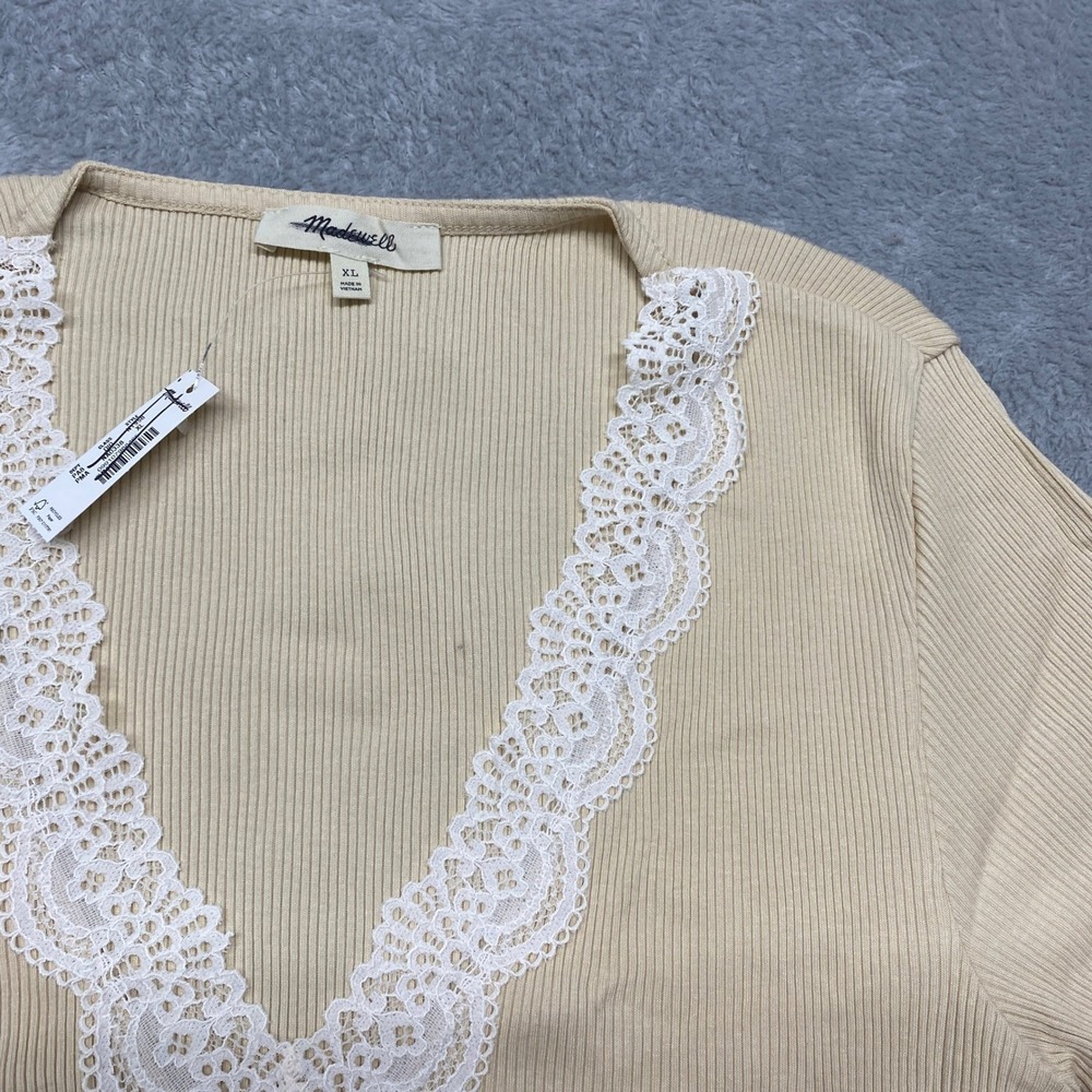 Madewell Shirt Womens XL Lace Trim Ribbed V Neck Short Sleeve Top Beige NY958 - Picture 6 of 11